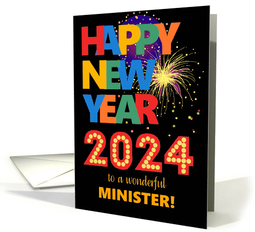 For Minister Happy New Year Bright Lettering and Fireworks card