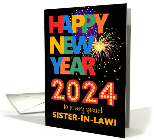 For Sister in Law Happy New Year Bright Lettering and Fireworks card