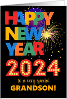 For Grandson Happy New Year Bright Lettering and Fireworks card
