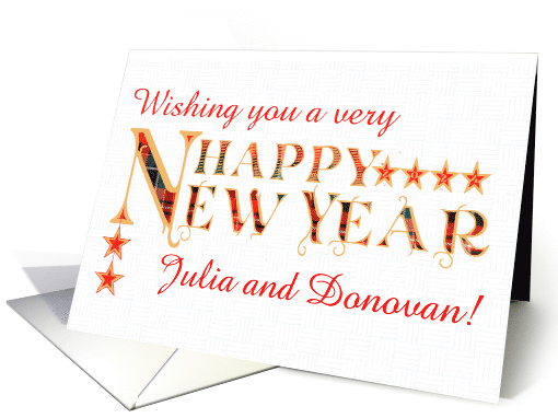 Custom Name Happy New Year with Tartan Word Art and Stars card