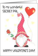 For Secret Pal Valentine’s Day Cute Gnome with Red Rose and Balloon card