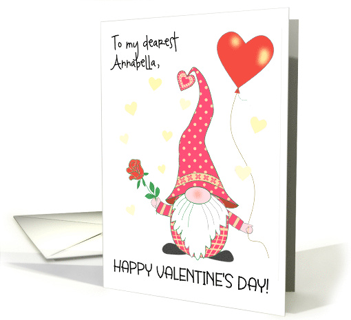 Custom Name Valentine's Day Cute Gnome with Red Rose and Balloon card
