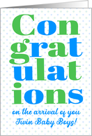 Congratulations on Twin Baby Boys Blue and Green Lettering on Polkas card