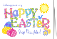 For Stepdaughter Easter Eggs with Primroses and Floral Word Art card
