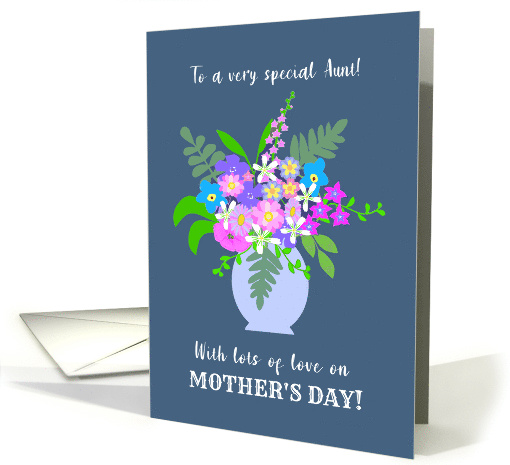 For Aunt Vase of Pretty Pink Blue and White Flowers on Dark Blue card