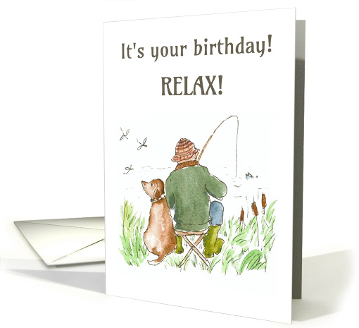 Birthday for Man Fishing with Dog on Riverbank Blank Inside card