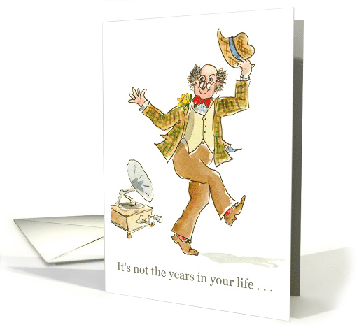 Birthday Greetings with Man Dancing to Vintage Gramophone card