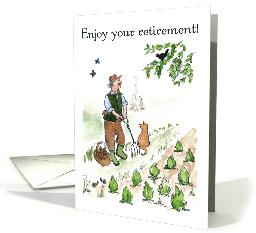 Retirement Wishes for Man Gardening with Cat and Blackbird card