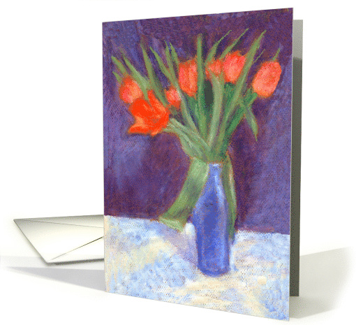 Birthday Scarlet Tulips Fine Art Oil Pastel Painting card (536917)