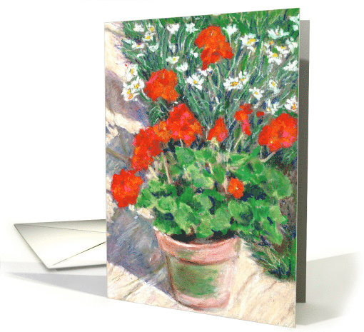 Birthday Bright Red Geraniums and White Daisies in the Sunshine card