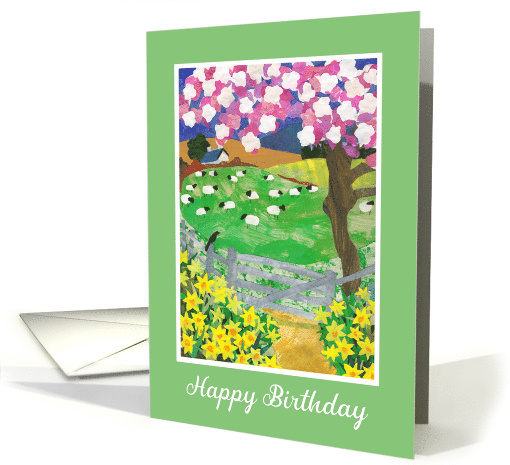 Birthday Spring Landscape with Blossom Sheep and Daffodils card