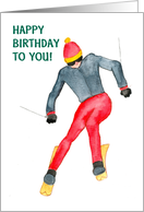Birthday Greetings with Brightly Coloured Painting of a Skier card