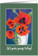 50th Birthday Bright Red Oriental Poppies on Dark Blue card