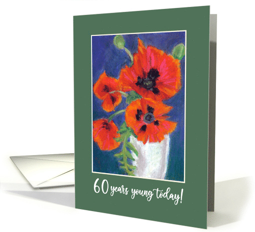 60th Birthday Bright Red Oriental Poppies on Dark Blue card (642217)
