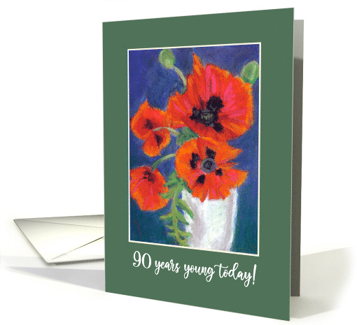 90th Birthday Bright Red Oriental Poppies on Dark Blue card (642221)