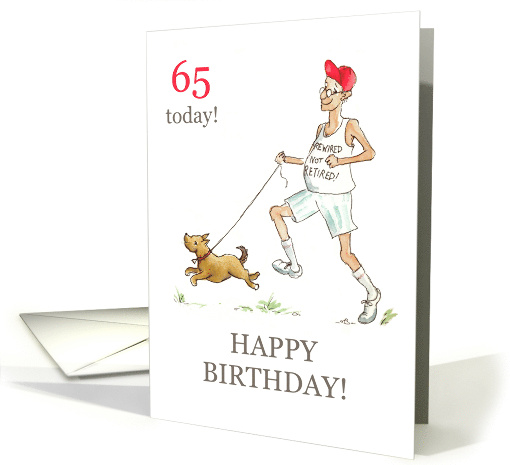 65th Birthday Greetings for a Retired Man Jogging with Dog card