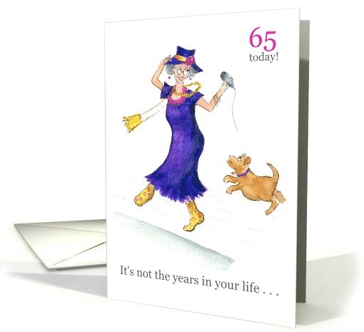 65th Birthday Greetings with a Woman Dancing with her Dog card