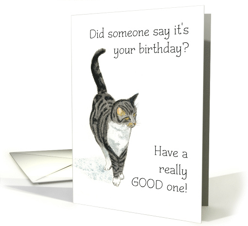 Birthday with Grey Tabby and White Cat Blank Inside card (729442)