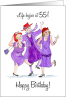 55th Birthday with Dancing Ladies in Purple and Red Wearing Hats card