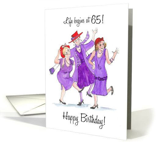 65th Birthday with Dancing Ladies in Purple and Red Wearing Hats card