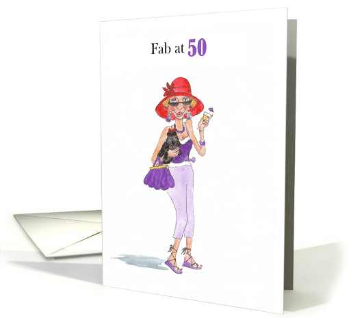 50th Birthday for Lady in Red Sun Hat with Cocktail and Pooch card