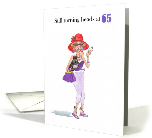 65th Birthday with Fun Lady in Red Sunhat with Cocktail and Pooch card