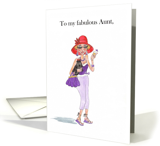 Aunt's Birthday Lady in Red Sunhat with Cocktail and Pooch card