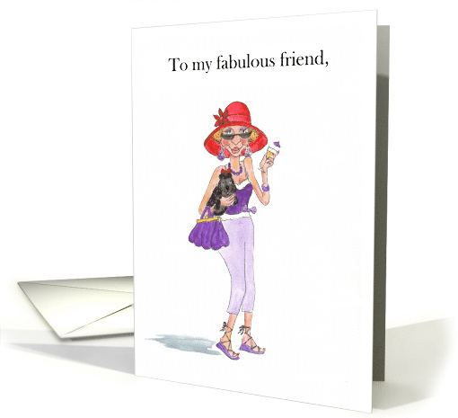 Sister's Birthday Lady in Red Sunhat with Cocktail and Pooch card