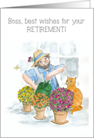 For Boss Retirement Wishes with Gardener in Greenhouse with Cat card