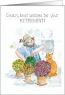 For Cousin Retirement Wishes with Gardener and Cat in Greenhouse card