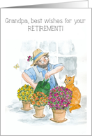 Grandfather’s Retirement Wishes with Gardener and Cat in Greenhouse card
