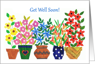 Get Well Wishes Five Vases of Colourful Flowers card