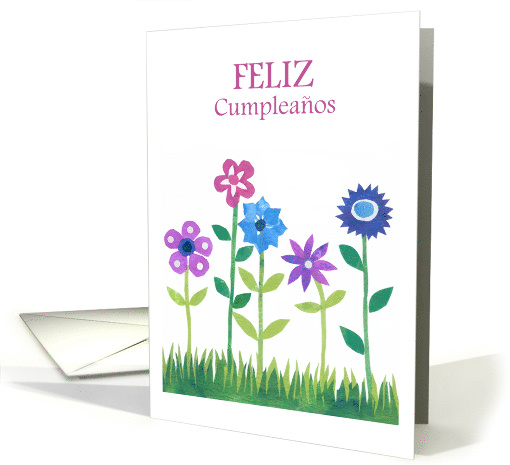 Birthday Greeting in Spanish with Row of Flowers Blank Inside card
