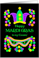 For Cousin Mardi Gras with Bright Beads Mask and Crown card
