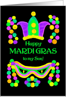 For Son Mardi Gras with Bright Beads Mask and Crown card