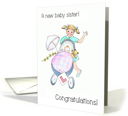 New Baby Congratulations with Girl Pushing Baby in Stroller card