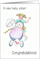 New Baby Congratulations with Girl Pushing Baby in Stroller card