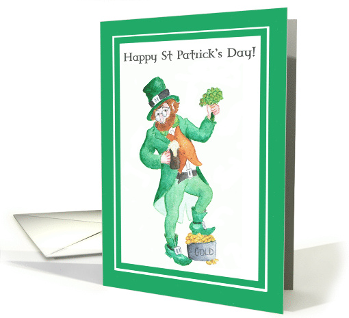 St Patrick's Day Leprechaun with Shamrock and Pot of Gold card