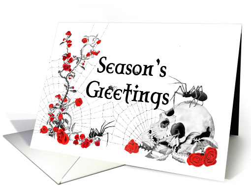 Gothic Spiders, Roses and Skull Seasonal Greeting Card on white card