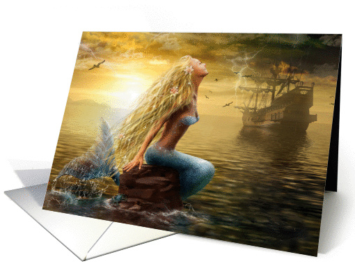 Sea Mermaid with Ghost Ship at Sunset Blank Note card (1047353)