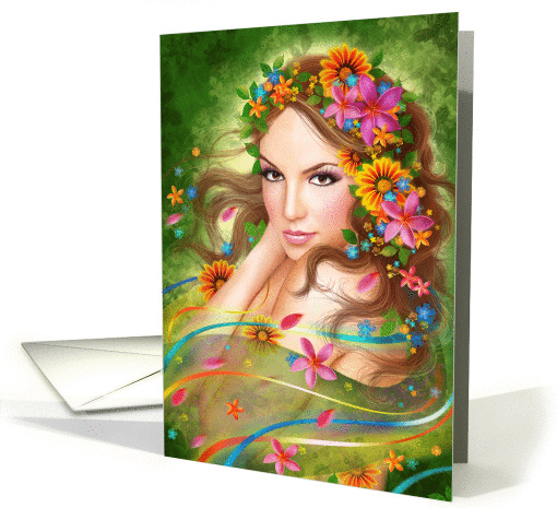 Blank Note Fantasy Beautiful fairy woman with flowers card (1371664)