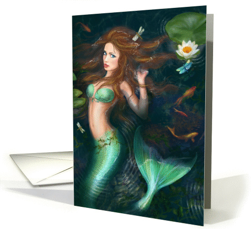 Blank Note Beautiful Fantasy mermaid in lake with lilies card