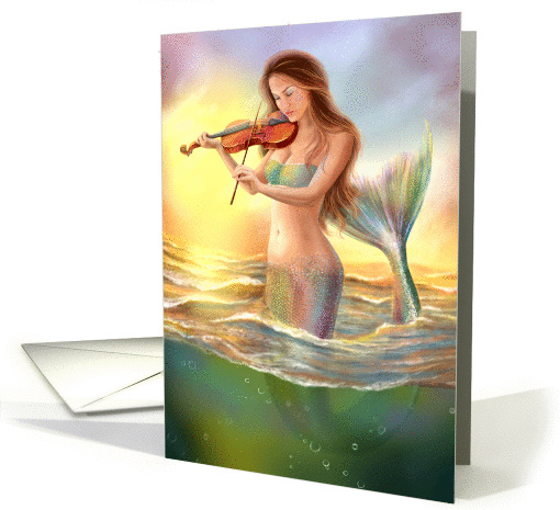 Beautiful woman fantasy mermaid plays on violin. Blank Note card