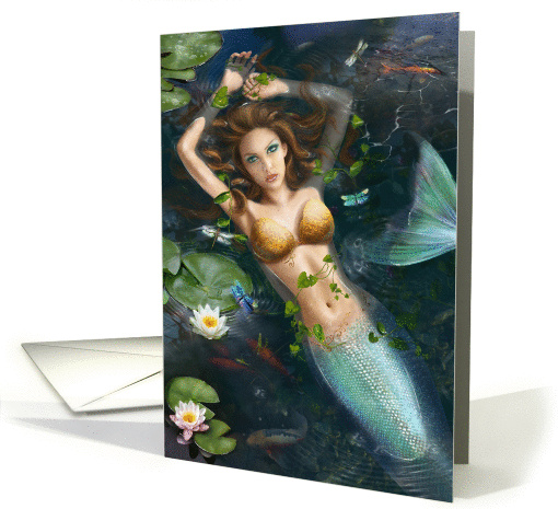 Beautiful Fantasy mermaid in lake with lilies. Fantasy Art. blank card