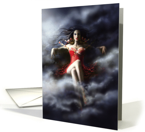 Woman witch in clouds in red dress card (1433592)