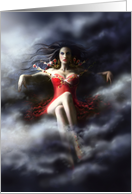 Woman witch in clouds in red dress card