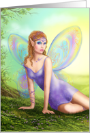Fantasy fairy butterfly sits on grass in wood. card