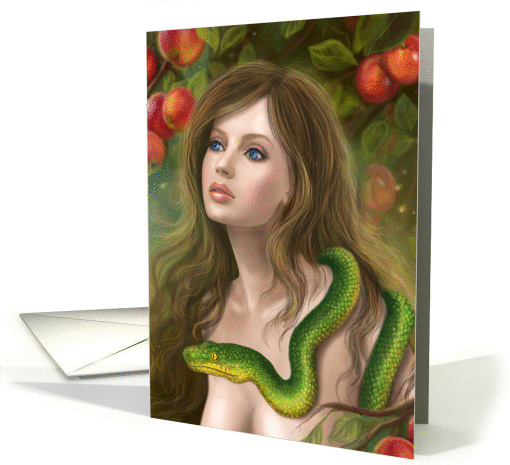 Apple temptation. Beautiful woman Eve and snake. card (1433598)