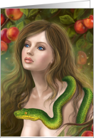 Apple temptation. Beautiful woman Eve and snake. card