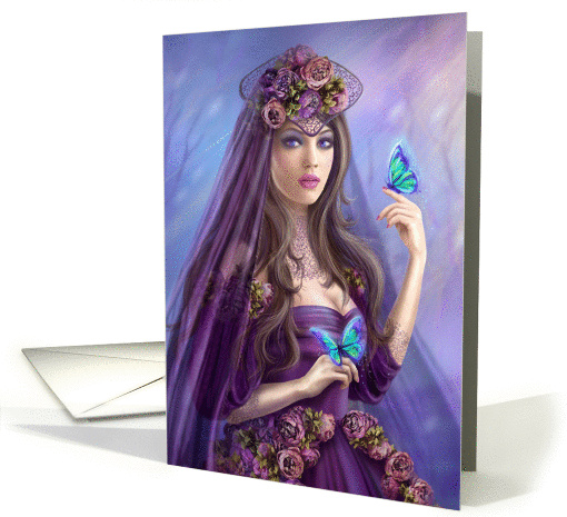 Beautiful woman fairy and blue butterflies. Fantasy illustration card